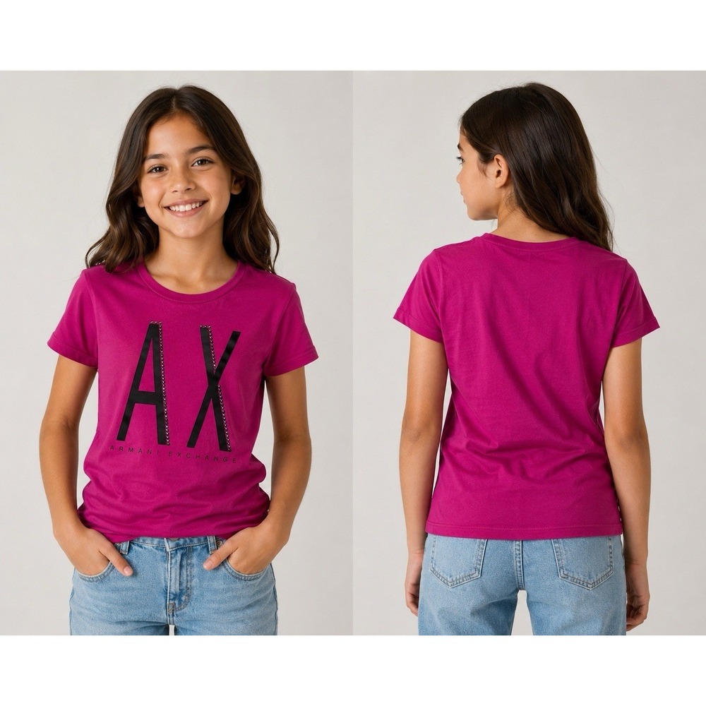 Armani Exchange Youth Girls Short Sleeve Logo Print T-Shirt Fuscia Pink Size XL‎